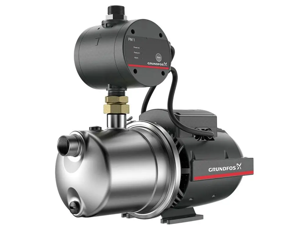 Grundfos Gartenpumpe mit Druckerhöhungsanlage, ausgestattet mit einem Motor und einem Drucksensor, zur Wasserförderung in Gartenanwendungen.